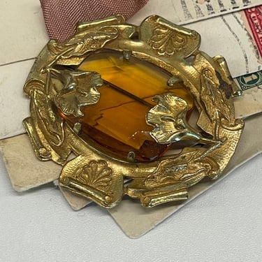 1940’s Czech Glass Amber and Gold Brooch