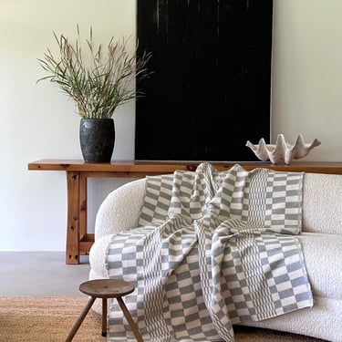 Vintage Cream Grey Patterned Throw Blanket | Cotton Blend Checkerboard Coverlet | 60