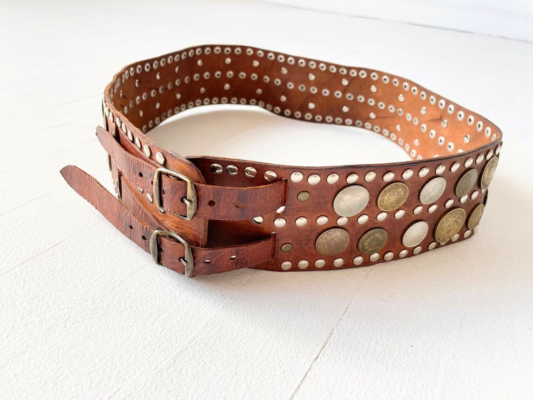 Handcrafted Leather Belt With Coins & Studs -Black main image 1