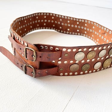 1970s Studded + Coin Brown Leather Belt 