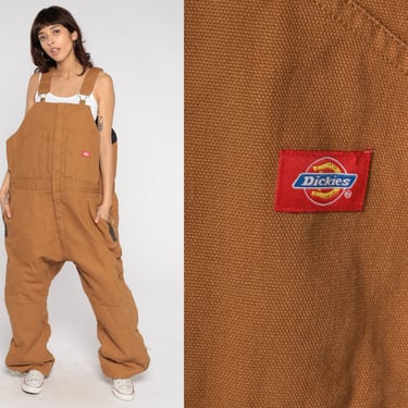 Insulated Dickies Overalls Brown Workwear Coveralls Pants Quilted Lined Dungarees Utilitarian Pants Work Wear Bib Vintage 00s Mens 2xl xxl 