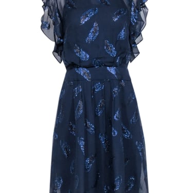 BCBG Max Azria - Navy Blue Flutter Sleeve Dress w/ Metallic Feather Print Sz 8