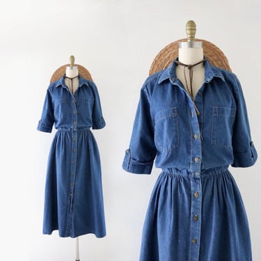 denim shirt dress - l - vintage 90s y2k womens blue jean size large long cotton chore work spring simple minimal casual dress 