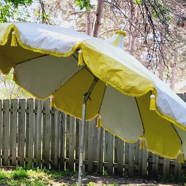 Groovy Umbrella Circus Top Yellow and White Patio Umbrella with Fringe 