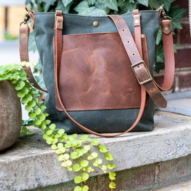 Waxed Canvas Bag | Tote Bag | Crossbody Bag | Large with Pocket | Made in USA 
