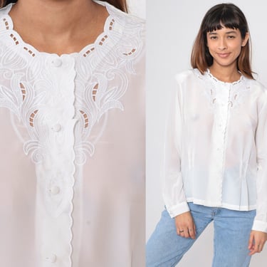 White Cutwork Blouse 90s Embroidered Leaf Button Up Shirt Cutout Scalloped Top Semi-Sheer Long Sleeve Button Up Vintage 1990s Medium 10 