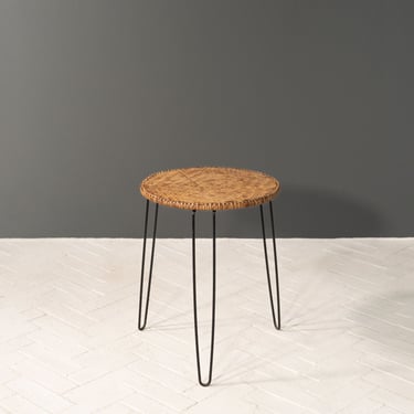 Woven Rattan Side Table with Hairpin Legs