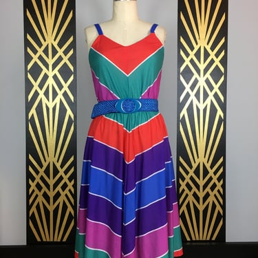 1970s sundress, rainbow striped, vintage 70s dress, chevron print, small medium, kr of ny, 70s does 50s, summer dress, sleeveless, mod, 28 