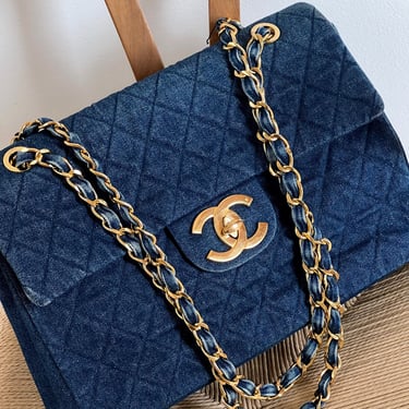 Vintage 90's CHANEL Maxi Jumbo Quilted DENIM CC Logo Turnlock Crossbody Shoulder Bag Purse Gold Chain Strap 