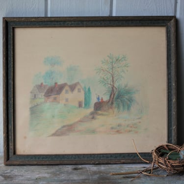 Sweet Antique Colored Pencil Painting Drawing of a Homestead 