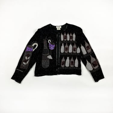 1990s Silk Beaded Wine Themed Jacket / Novelty / Allover Beads and Sequins / XL / B2 and Us by Mark and John / Pearls / Sparkle / Plus / Bar 