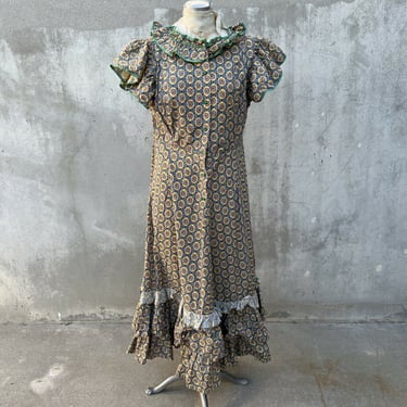 Vintage 1940s Yellow Green & Red Floral Print Cotton Dress Maxi Ruffle Large