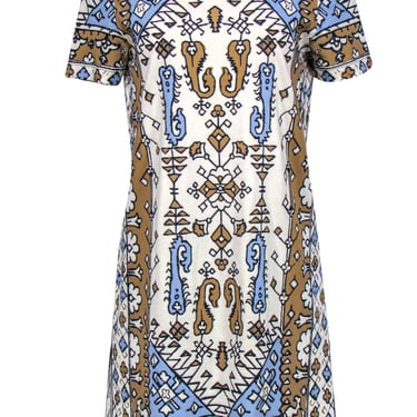Tory Burch - Cream, Tan & Blue Bohemian Print Cotton T-Shirt Dress Sz M