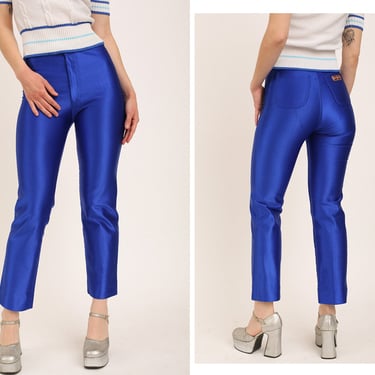 Vintage 1970s 70s High Waisted Electric Blue High Waisted Spandex Slim Fit Disco Pants Trousers 