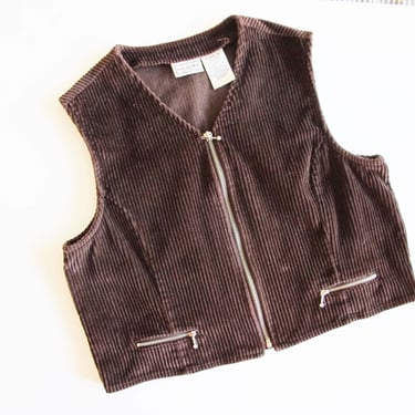 Vintage Brown Corduroy Vest Small  - 2000s y2k Zip Up Boxy Vest Jacket 