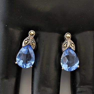 60's sterling marcasite crystal teardrop studs, 925 silver blue glass pyrite abstract fruit earrings 