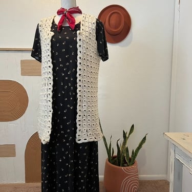 Vintage 70s Handmade Cream Wool Crochet Knit Open Style Duster Vest 