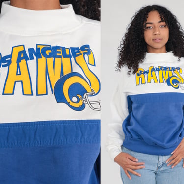 90s Los Angeles Rams Sweatshirt 1990 NFL Sweatshirt Football Baggy White Blue Mock Neck Streetwear Jumper 1990s Sports Top Vintage Medium 