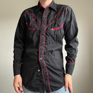 Vintage Wrangler Black Red Western Rodeo Cowgirl Pearl Snap Button Down Sz S 