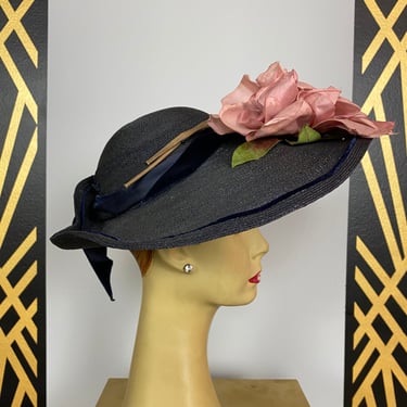 1930s cartwheel hat, vintage hat, navy straw hat, wide brim, millinery flowers, saucer hat, Francois modes, platter hat, summer wedding 