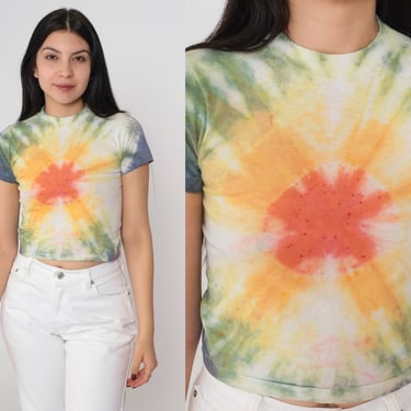 Vintage Tie Dye T Shirt 80s Hippie Psychedelic Top Single Stitch Festival Baby Tee Green Orange White 1990s Tshirt Fruit of the loom 2xs xxs 