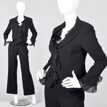 XS Escada Couture Suit Black Wool Crepe Silk Chiffon Jacket Pant Set Long Sleeve 