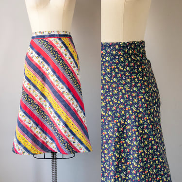 1970s Wrap Skirt Reversible Floral Cotton M/L 