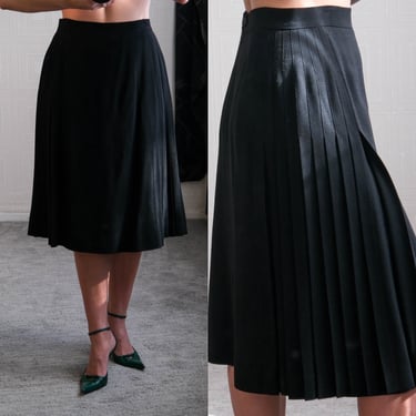 Vintage 90s CHANEL 1998 Black Accordion Side Pleated Silk Lined Skirt w/ Logo Button | Made in France | 100% Wool | 1990s Designer Skirt 