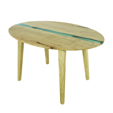 Handcrafted 4.5 ft Natural Maple Blue Resin Waterfall Oval Dining Table