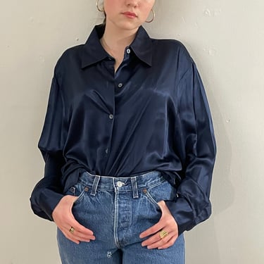 90s silk charmeuse blouse / vintage midnight navy blue liquid silk charmeuse oversized plus size holiday blouse over shirt | Extra Large 