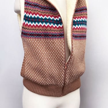1980's Fair Isle Sherpa Sweater Vest by "The Italian Mob" Hippie Boho Disco 1970's Ski Jacket Coat Vintage Tan Brown 