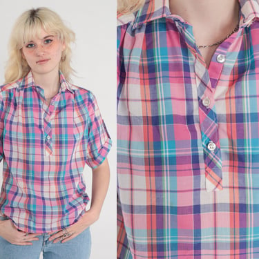 80s Plaid Shirt Roll Tab Sleeve Button Up Blouse Checkered Print Polo Short Sleeve Pink Purple Blue Top 1980s Button Tab Sleeve Small S 