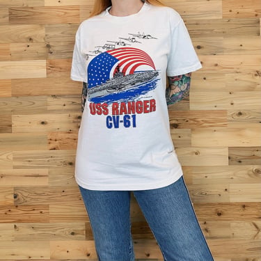 Vintage 1990 USS Ranger CV-61 Navy Aircraft Carrier Ship Tee Shirt T-Shirt 