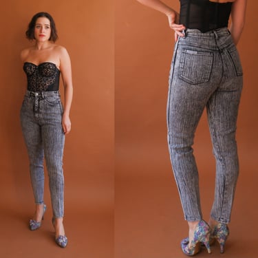 Vintage 80s Acid Wash Cigarette Pants/ 1980s High Waisted Black Stretch Jeans/ Size Small 25 