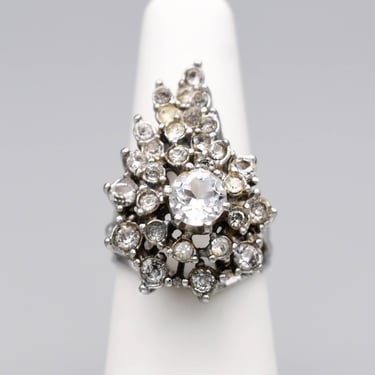 60's Ana BeKoach 18k HGE rhinestone size 6.75 cocktail ring, heavy white gold electroplate icy crystal waterfall ring 