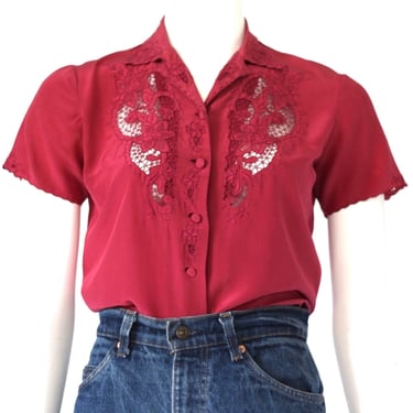 Vintage Peony Hand Embroidered Chinese Silk Cutwork Blouse - Small 