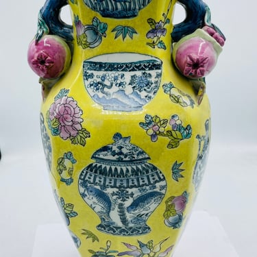Vintage 15"  Chinese Pottery Yellow and  Black Large  Vase-Fruit Handles  Nice Condition 