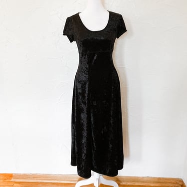 90s Black Crushed Velvet Empire Waist Maxi Dress with Cap Sleeves | Small/Medium 