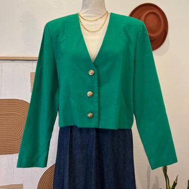 Vintage 90s Leslie Fay Green Cropped Gold Buttons USA Made Blazer Jacket 16 