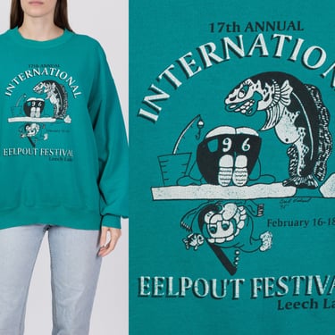 90s Leech Lake Eelpout Festival Sweatshirt - Men's XL | Vintage Teal Green Graphic Minnesota Fishing Tourist Pullover 