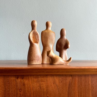 1960s Antonio Vitali sculpted family for Creative Playthings / woman, man, child and cat carved wood "Playforms" figurines 