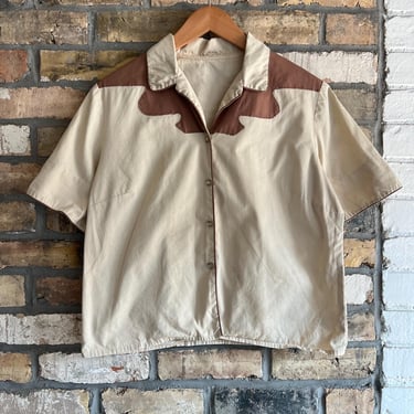 Vintage Western Cropped Button Up Shirt, Pearl Snap, Cream and Brown, Womens 