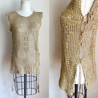 Vintage 1970s Ecru / Beige Crochet Vest / S 