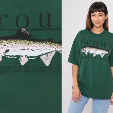 Trout Fishing T-Shirt 90s Dark Green Fisherman Tshirt North American Game Fish Graphic Tee Nature Wildlife Vintage 1990s Large xl 