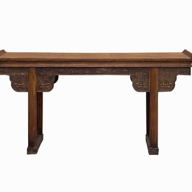 Vintage Chinese Brown Natural Wood Point Edge RuYi Apron Altar Console Table cs7780E 