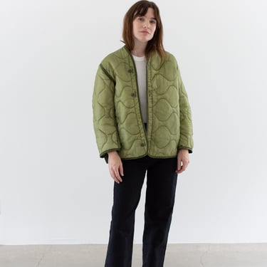 Vintage Celery Green Liner Jacket | Unisex Wavy Quilted Nylon Coat | XS S | LI215 