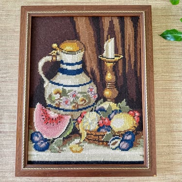 Vintage French Still Life Needlepoint - Watermelon Fruit Candle Pitcher 