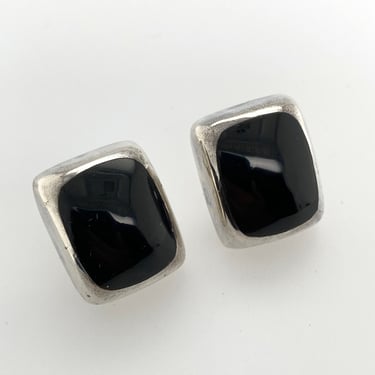 Vintage Taxco Mexico Black Onyx Sterling Silver Pierced Earrings Modernist Stud 