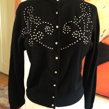 Awesome 1950's Schiaparelli Designer Sweater with Large Prong Set Rhinestones - Size Med. 