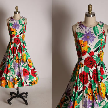 1980s Does 1950s Multi-Colored Red, Green, Purple and Orange Floral Tropical Sleeveless Fit and Flare Dress by SMW Style My Way -XS 